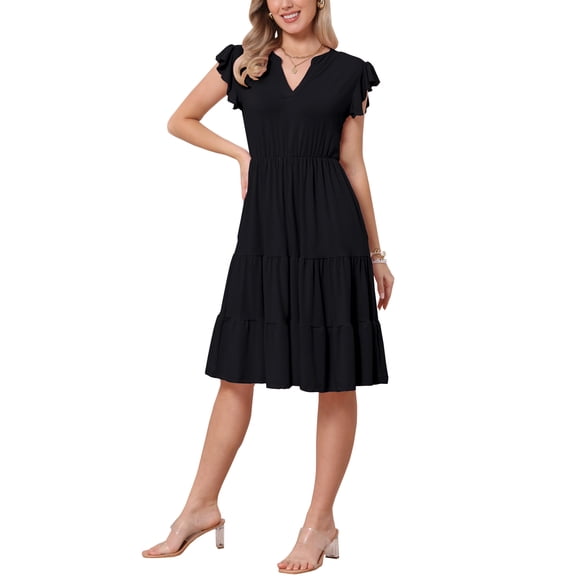 INSPIRE CHIC Summer Tiered Dress for Womens Notch Neck A-Line Flowy Knee Length Dresses 2XL Black