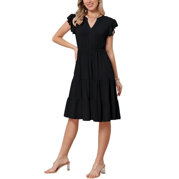 INSPIRE CHIC Summer Tiered Dress for Womens Notch Neck A-Line Flowy Knee Length Dresses M Black