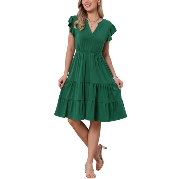 INSPIRE CHIC Summer Tiered Dress for Womens Notch Neck A-Line Flowy Knee Length Dresses S Dark Green