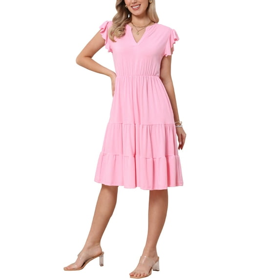 INSPIRE CHIC Summer Tiered Dress for Womens Notch Neck A-Line Flowy Knee Length Dresses S Pink