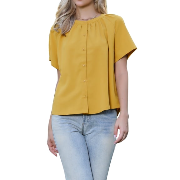 INSPIRE CHIC Summer Tops for Women Short Sleeve Ruched Crew Neck Dressy Casual Button Down Shirts XL Yellow