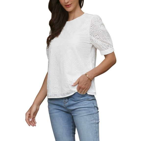 INSPIRE CHIC Summer Tops for Women's Puff Short Sleeve Crew Neck Hollow Out Shirts Loose Tunic Tops XL White