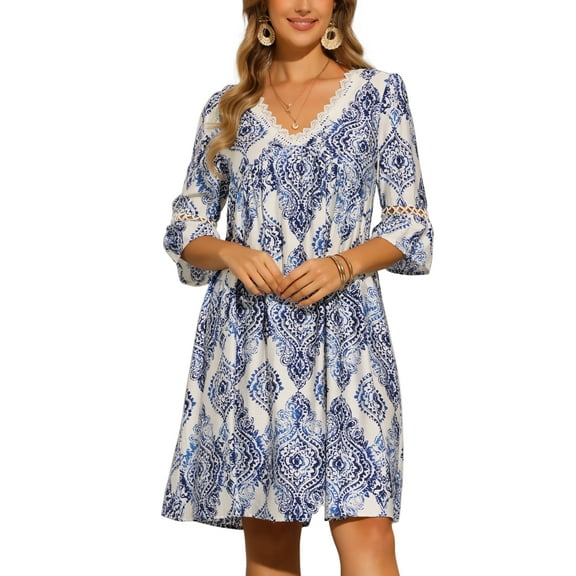 INSPIRE CHIC Summer V Neck Dress for Women's Bohemian Print Ruffle Sleeve Swing A Line Beach Casual Mini Dress XS Blue