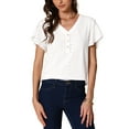 thumbnail image 1 of INSPIRE CHIC Summer Women's Short Tulip Sleeve Front Button Down V Neck Eyelet Blouse XS White, 1 of 6