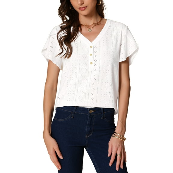 INSPIRE CHIC Summer Women's Short Tulip Sleeve Front Button Down V Neck Eyelet Blouse XS White