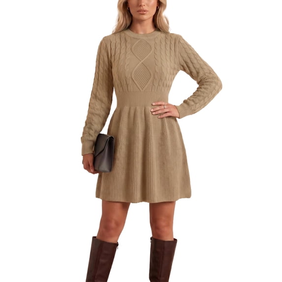 INSPIRE CHIC Sweater Dress for Women's Casual Long Sleeve Crewneck Cable Knit Fall Winter Dresses M Khaki