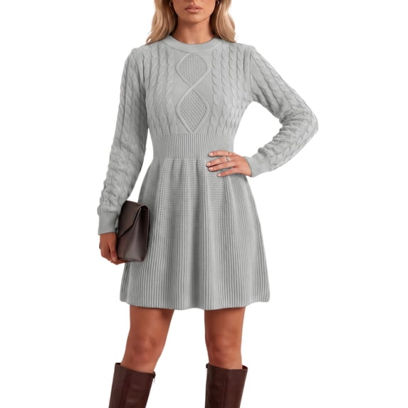 INSPIRE CHIC Sweater Dress for Women's Casual Long Sleeve Crewneck Cable Knit Fall Winter Dresses S Gray