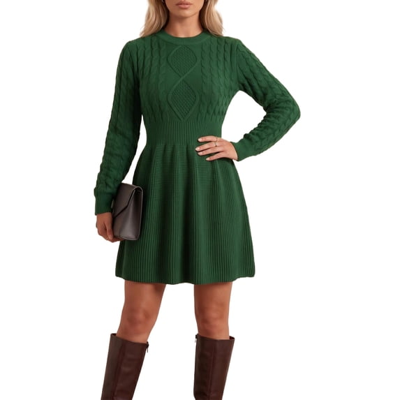 INSPIRE CHIC Sweater Dress for Women's Casual Long Sleeve Crewneck Cable Knit Fall Winter Dresses XL Green