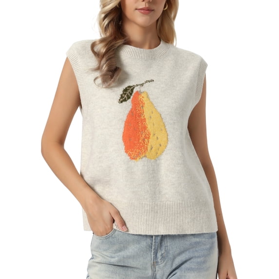 INSPIRE CHIC Sweater Vest Top for Women's Sleeveless Crew Neck Casual Pear Pattern Knitted Pullover Sweater XS Beige