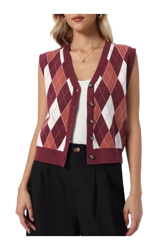 Sweater Vest Top for Women's Sleeveless V Neck Argyle Button Down Casual Cardigan Sweater M Burgundy
