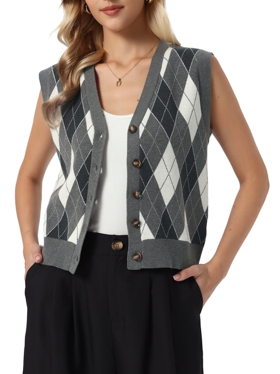 Sweater Vest Top for Women's Sleeveless V Neck Argyle Button Down Casual Cardigan Sweater XL Dark Gray