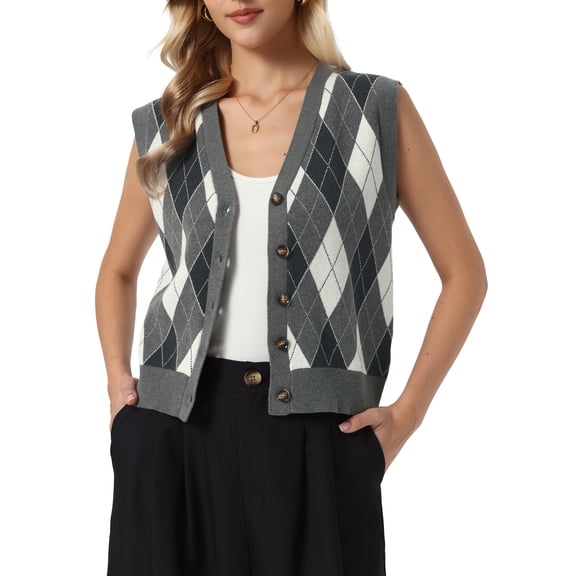 INSPIRE CHIC Sweater Vest Top for Women's Sleeveless V Neck Argyle Button Down Casual Cardigan Sweater XS Dark Gray
