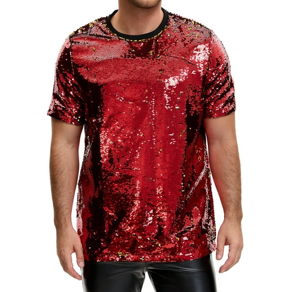 INSPIRE CHIC T Shirt for Men's Short Sleeve Round Neck Regular Fit Party Club Sparkly Disco Tee Top M Red Golden