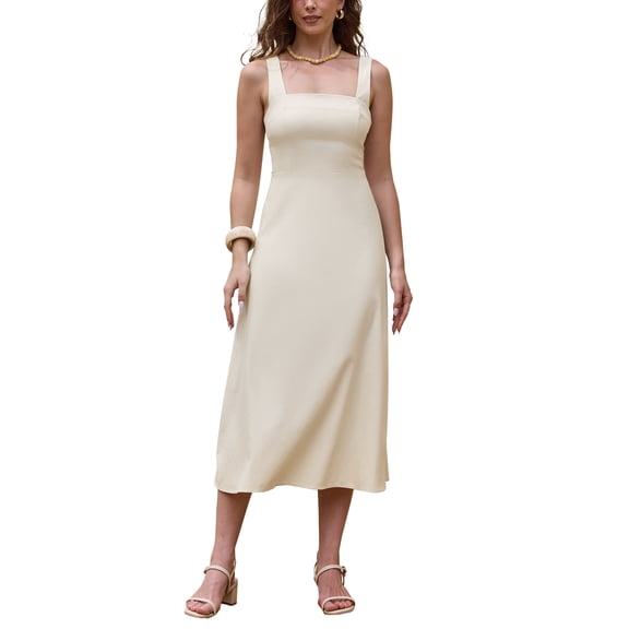 INSPIRE CHIC Tank Dress for Women Square Neck Sleeveless Zipper A Line Summer Casual Maxi Dresses S Beige