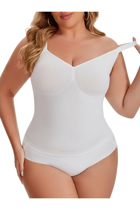 Tank Tops for Women Plus Size Tummy Control Seamless Bodyshaper V Neck Slimming Compression Cami Shapewear XL White
