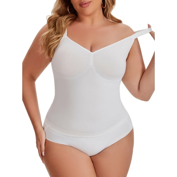 INSPIRE CHIC Tank Tops for Women Plus Size Tummy Control Seamless Bodyshaper V Neck Slimming Compression Cami Shapewear XL White