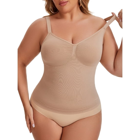 INSPIRE CHIC Tank Tops for Women Plus Size Tummy Control Seamless Bodyshaper V Neck Slimming Compression Cami Shapewear XXL Brown
