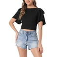 thumbnail image 1 of INSPIRE CHIC Tie Back Top for Women's Backless Cropped Flared Short Sleeve Blouse S Black, 1 of 6