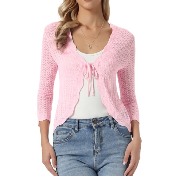 INSPIRE CHIC Tie Front Shrug Sweater for Women Crop Cardigan Knit 3/4 Sleeve Open Front Casual Elegant Cardigans XL Light Pink