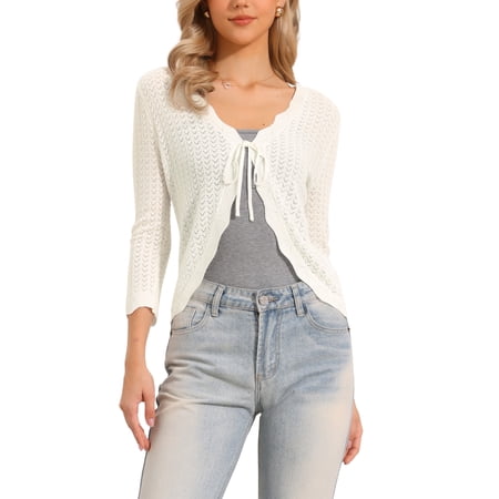 INSPIRE CHIC Tie Front Shrug Sweater for Women Crop Cardigan Knit 3/4 Sleeve Open Front Casual Elegant Cardigans XS White