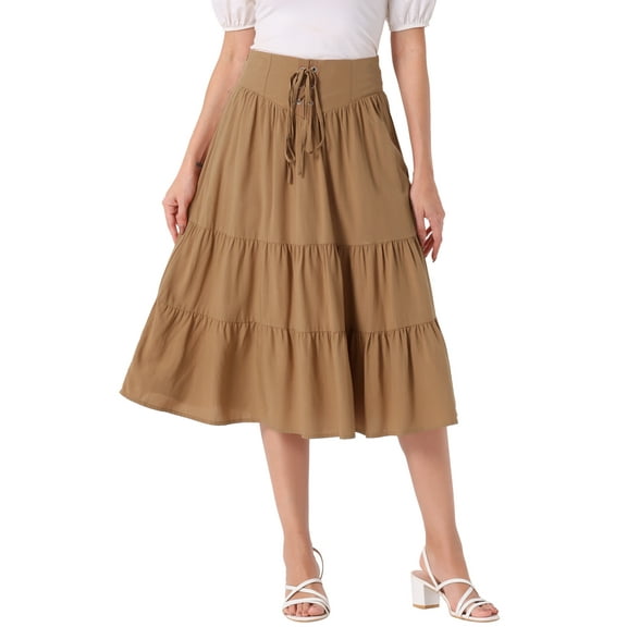 INSPIRE CHIC Tiered A-Line Skirt for Women's Lace Up Elastic Waist Swing  Flare Midi Skirt XS Khaki