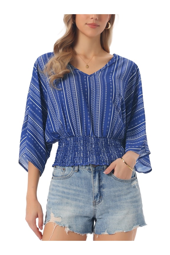 Tops for Women's Summer Boho V Neck Print Chiffon Top Smocked Batwing Dolman Sleeve Blouses XL Royal Blue