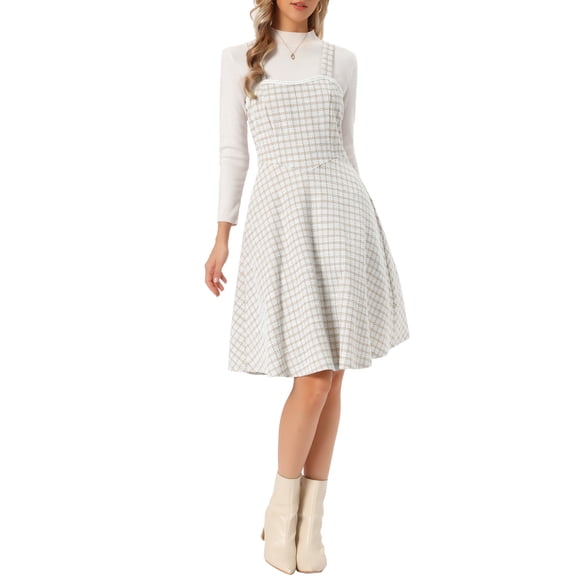 INSPIRE CHIC Tweed Dress for Women Sleeveless Square Neck Plaid A-Line Pinafore Overall Dresses S Khaki