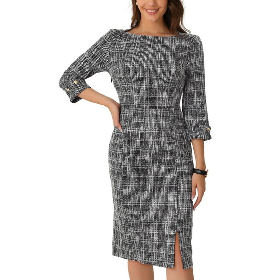 INSPIRE CHIC Women's Tweed Dress Boat Neck 3/4 Sleeve Knee Length Work Dress S Black