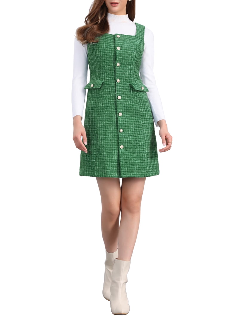 Inspire Chic Tweed Dress for Women's Sleeveless Square Neck Button Down A-Line Pinafore Overall Dresses XL Green