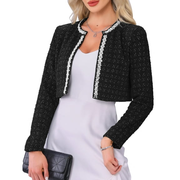 INSPIRE CHIC Tweed Jacket for Women's Cropped Long Sleeve Sparkle Trim Open Front Cocktail Cardigan S Black