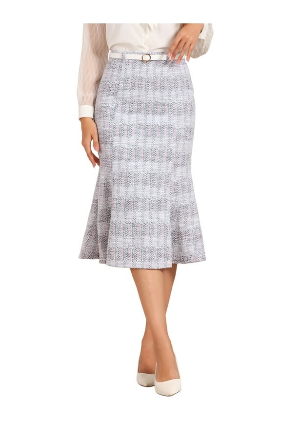 Tweed Midi Skirt for Women's Plaid Belted Fishtail Bodycon Skirts M Pink