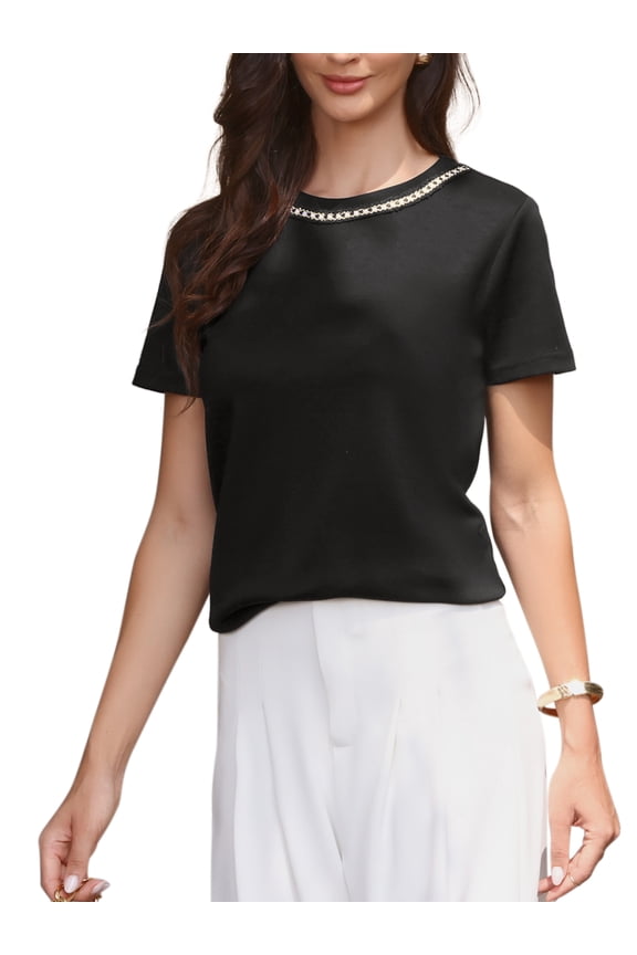 Tweed Neck Tops for Women's 2026 Short Sleeve Summer Elegant Blouse L Black