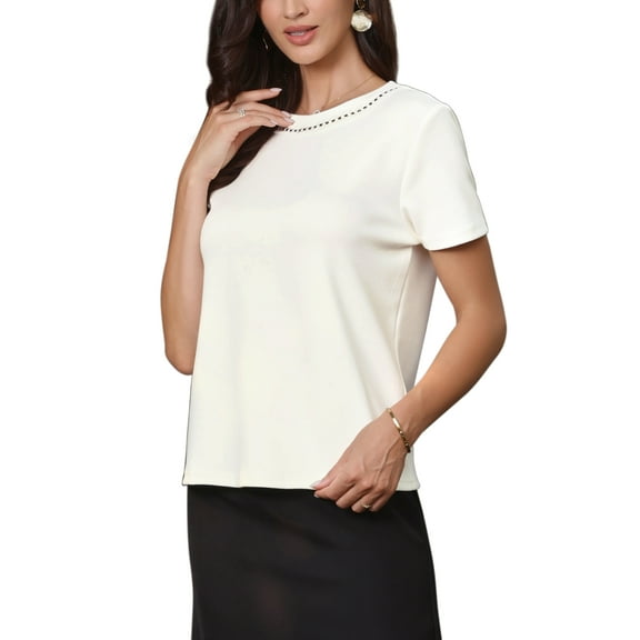 INSPIRE CHIC Tweed Neck Tops for Women's 2026 Short Sleeve Summer Elegant Blouse XL White