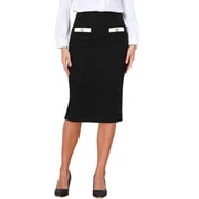 INSPIRE CHIC Tweed Pencil Skirt for Women High Waisted Midi Skirts Knee Length Button Decor Bodycon Office Work Skirts with Belt XS Solid Black
