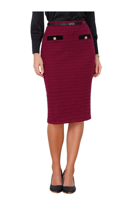 Tweed Pencil Skirt for Women High Waisted Midi Skirts Knee Length Button Decor Bodycon Office Work Skirts with Belt XS Solid Red