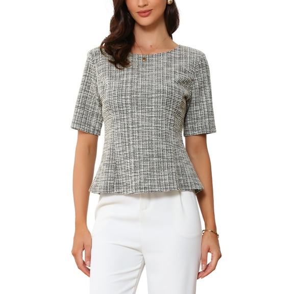 INSPIRE CHIC Tweed Top for Women's Round Neck Short Sleeve Pullover Work Office Blouse M Khaki