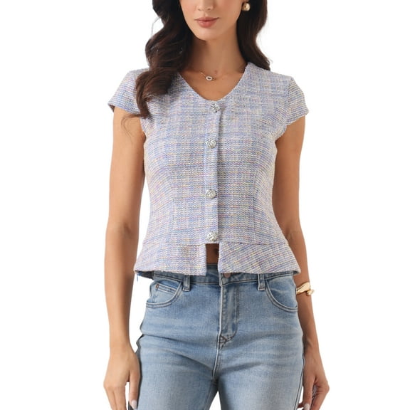 INSPIRE CHIC Tweed Tops for Women's 2026 Button Decor Cap Sleeve Plaid Blouse M Blue
