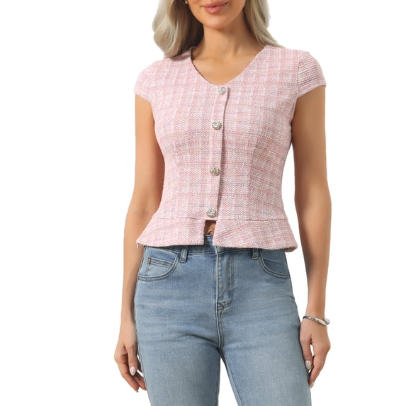 INSPIRE CHIC Women's Tweed Plaid Top V Neck Cap Sleeve Peplum Hem Blouse Pink XS