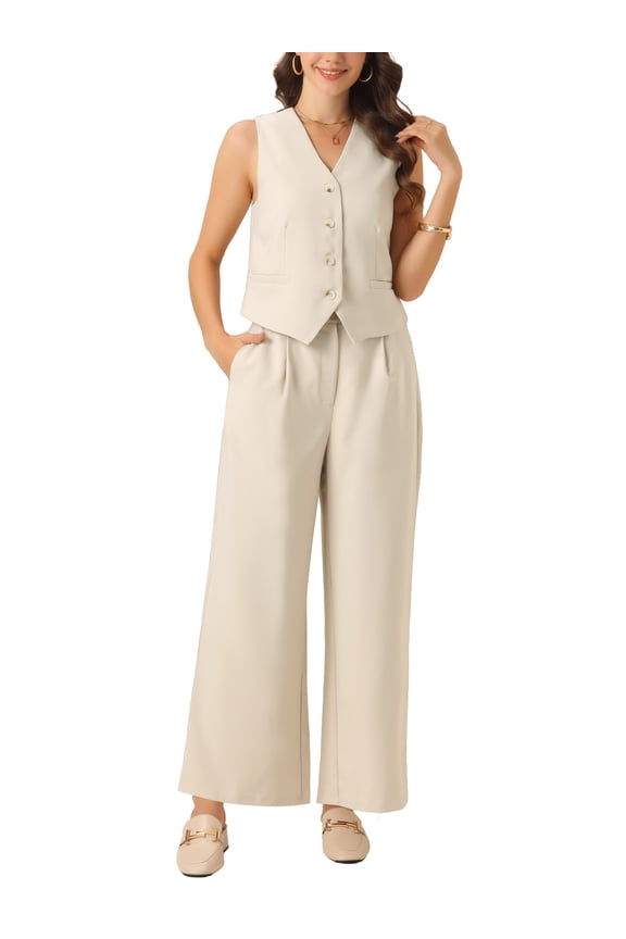 Two Piece Outfits for Women's Button Front Tank Top Wide Leg Pants Matching Sets M Apricot