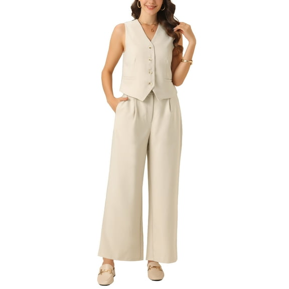 INSPIRE CHIC Two Piece Outfits for Women's Button Front Tank Top Wide Leg Pants Matching Sets XS Apricot