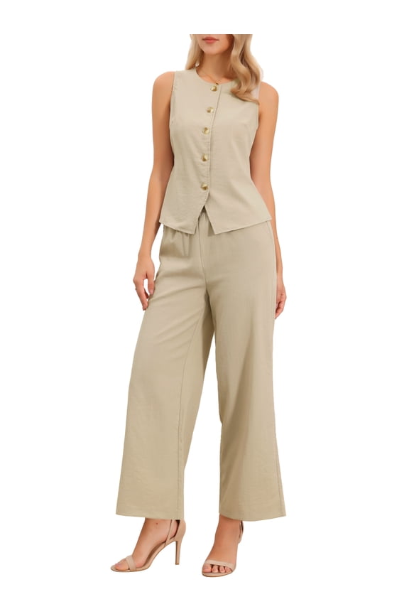 Two Piece Outfits for Women's Linen Vest Waistcoat Dressy Casual Sets Wide Leg Pants Suits XS Khaki