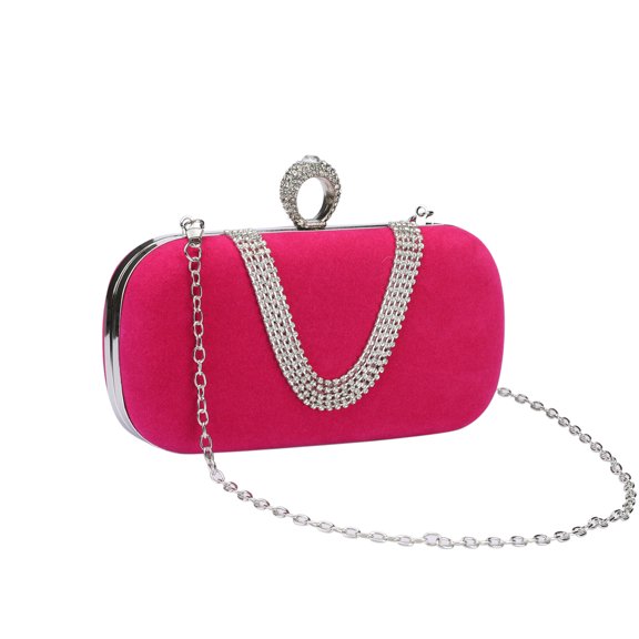 INSPIRE CHIC U Shaped Evening Bag Rhinestone Clutch Purse with Chain for Women Rose red
