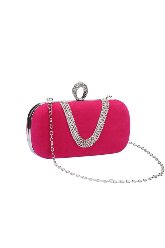 U Shaped Evening Bag Rhinestone Clutch Purse with Chain for Women Rose red