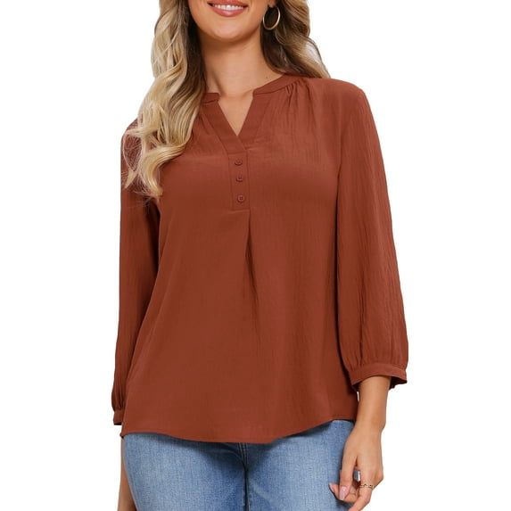 INSPIRE CHIC V Neck Button Shirt for Women's 3/4 Sleeve Pleated Trim Henley Casual Blouse Tops XL Brick Red