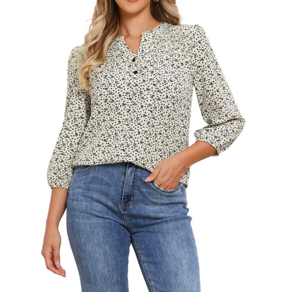 INSPIRE CHIC V Neck Floral Shirt for Women's 3/4 Sleeve Smocked Front Button Up Casual Summer Blouse Top XL White