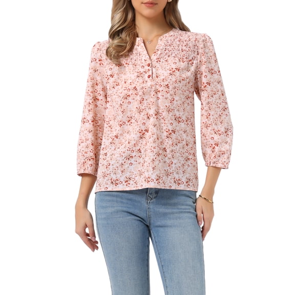 INSPIRE CHIC V Neck Floral Shirt for Women's 3/4 Sleeve Smocked Front Button Up Casual Summer Blouse Top XS Light Pink