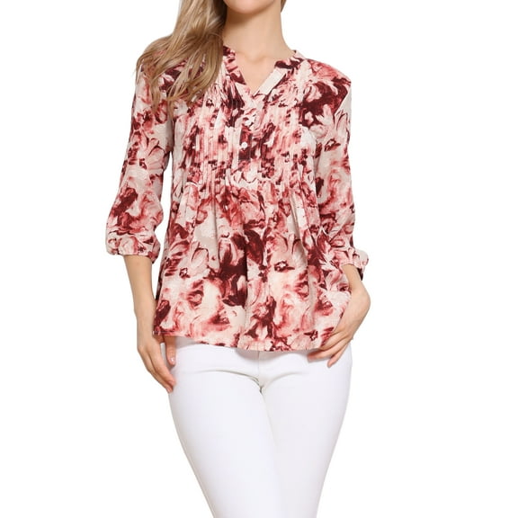 INSPIRE CHIC V Neck Shirt for Women's Floral Prints Button Down Puff Sleeve Casual Shirt XS Beige Red