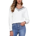 thumbnail image 1 of INSPIRE CHIC V Neck Sweater for Women's 2025 Long Sleeve Striped Pullover Soft Fall Casual Sweaters L White, 1 of 6