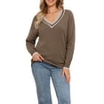 thumbnail image 1 of INSPIRE CHIC V Neck Sweater for Women's 2025 Long Sleeve Striped Pullover Soft Fall Casual Sweaters XS Brown, 1 of 6