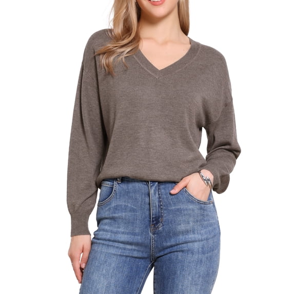INSPIRE CHIC V Neck Sweater for Women's Casual Long Sleeve Lightweight Pullover Soft Knitted Tops M Brown